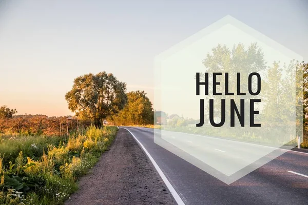 Banner Hello juni. Tekst op de foto. Tekst Hello June. Nieuwe maand. Nieuwe seizoen. Zomermaand. — Stockfoto