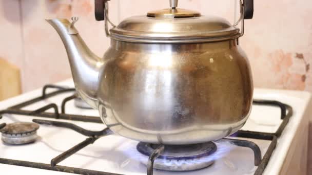 Bouilloire sur la cuisinière à gaz. Vidéo de la bouilloire sur la cuisinière. l'eau. cuisinière à gaz. Bouilloire en acier inoxydable — Video