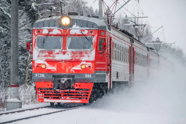Red Russian Train Rails Winter Forest Rússia Região Leningrado Distrito — Fotografia de Stock