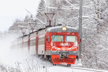 Kış ormanı boyunca raylar üzerinde Kırmızı Rus treni, Rusya, Leningrad bölgesi, Gatchina bölgesi, Ocak 6, 2019