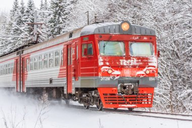Kış ormanı boyunca raylar üzerinde Kırmızı Rus treni, Rusya, Leningrad bölgesi, Gatchina bölgesi, Ocak 6, 2019