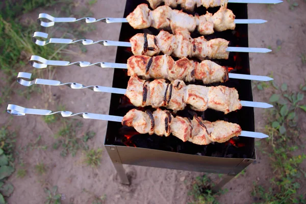 Primer Plano Carne Marinada Pinchos Que Cocinan Parrilla —  Fotos de Stock