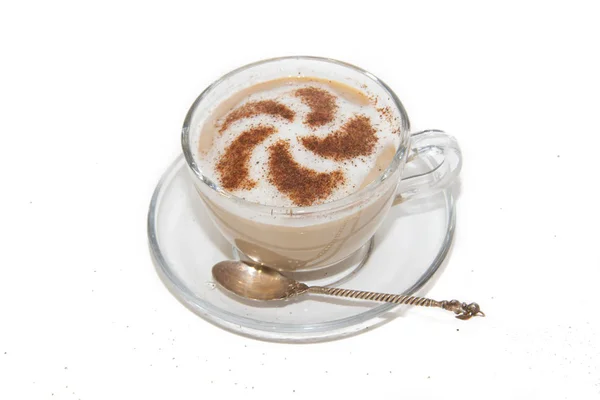 Café Cappuccino Avec Motif Cannelle Isolé Sur Fond Blanc — Photo