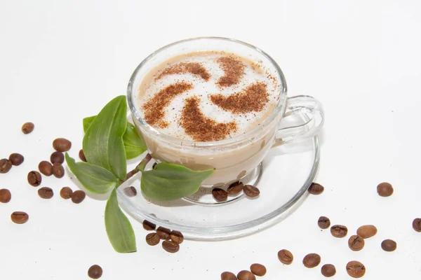 白い背景に分離シナモンのパターンを持つカプチーノコーヒー — ストック写真