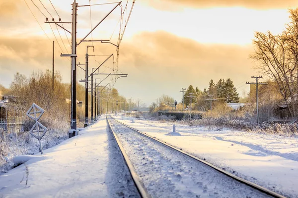 Vista Invierno Del Ferrocarril Ruso Carriles Traviesas — Foto de Stock