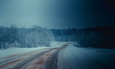 Kış yolunun manzarası. Yol boyunca karlı ağaçlar. Kış yolculuğu 