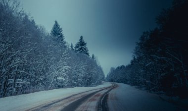 Kış yolunun manzarası. Yol boyunca karlı ağaçlar. Kış yolculuğu 