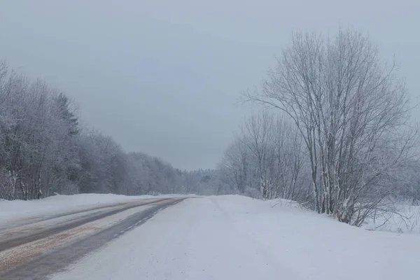 Vista Carretera Invierno Árboles Nevados Largo Del Camino Viaje Invierno — Foto de Stock