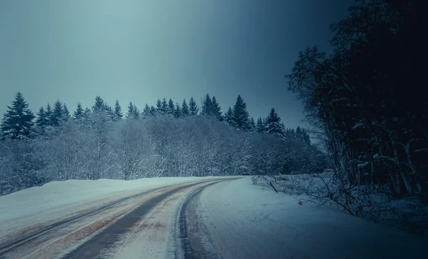 冬の道の眺め 道路沿いの雪の木々 冬の旅 — ストック写真