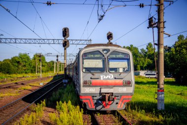 Yaz ormanı boyunca raylar üzerinde Kırmızı Rus treni, Rusya, Oranienbaum Temmuz 31, 2018