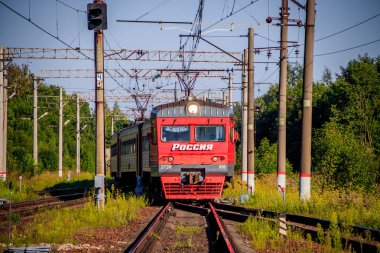 Yaz ormanı boyunca raylar üzerinde Kırmızı Rus treni, Rusya, Oranienbaum Temmuz 31, 2018