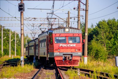 Yaz ormanı boyunca raylar üzerinde Kırmızı Rus treni, Rusya, Oranienbaum Temmuz 31, 2018