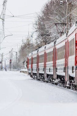 Kış ormanı boyunca raylı kırmızı Rus treni, Rusya, Leningrad bölgesi, Gatchina bölgesi, 26 Aralık 2018