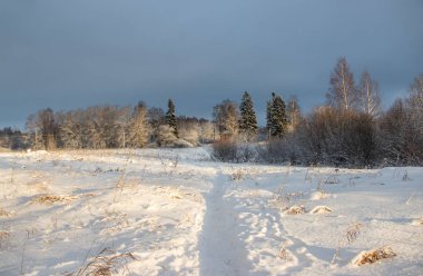 Kışın gün batımında karlı alan. Güzel gökyüzü