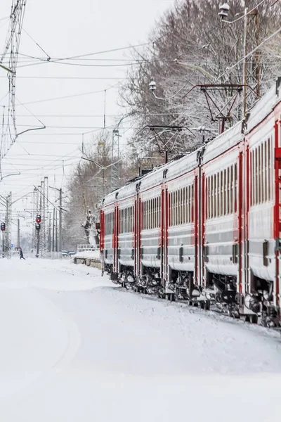 Red Russian Train Rails Winter Forest Rússia Região Leningrado Distrito — Fotografia de Stock