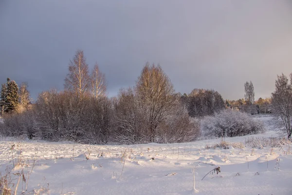 Schneefeld Bei Sonnenuntergang Winter Schöner Himmel — Stockfoto