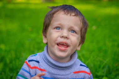 Çimenlerin arka planı ndaki küçük bir çocuğun portresi. Süveterli küçük bir çocuk. Yeşil çimen