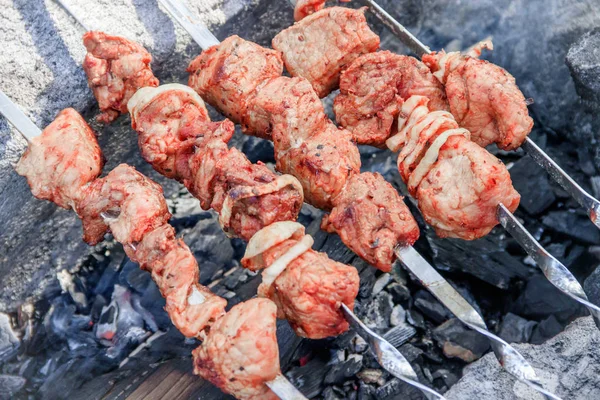 Carne Porco Shish Kebab Espetos Carne Marinada — Fotografia de Stock