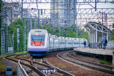 Yüksek hızlı tren Allegro. Hızlı tren. Toplu taşıma. Tren. Yolcu taşımacılığı. Rusya, St. Petersburg 31 Mayıs 2019 platformu Lanskaya