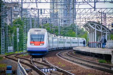 Yüksek hızlı tren Allegro. Hızlı tren. Toplu taşıma. Tren. Yolcu taşımacılığı. Rusya, St. Petersburg 31 Mayıs 2019 platformu Lanskaya