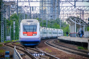 Yüksek hızlı tren Allegro. Hızlı tren. Toplu taşıma. Tren. Yolcu taşımacılığı. Rusya, St. Petersburg 31 Mayıs 2019 platformu Lanskaya