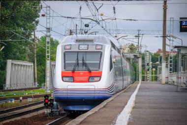 Yüksek hızlı tren Allegro. Hızlı tren. Toplu taşıma. Tren. Yolcu taşımacılığı. Rusya, St. Petersburg 31 Mayıs 2019 platformu Lanskaya