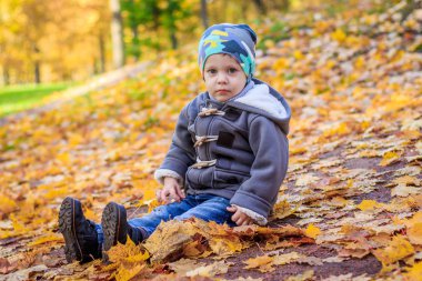Çocuk sonbaharda parkta yaprakları oturur. 
