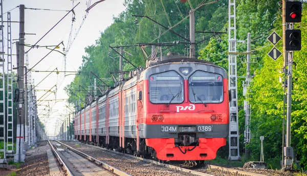 Red Russian Train Rails Summer Forest Rússia São Petersburgo Maio — Fotografia de Stock