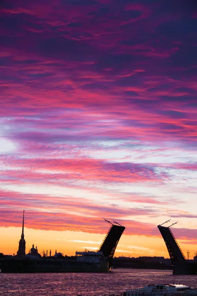 The bridges are erected at dawn in St. Petersburg. Peter Romance. Sight of Peter. Neva River. Dawn in the city. White Nights. — Stock Photo, Image