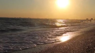 Deniz dalgaları. Kırım Denizi. Temiz havalarda yüksek dalgalar. Fırtına uyarısı. Temiz plaj. Plaj kumu ve deniz kabukları