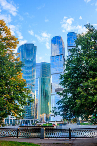 Business Center Moscow City. Business center. High houses from the windows. Multi-story houses. Modern buildings. Modern business center. Mirror building Russia, Moscow, July 3, 2019