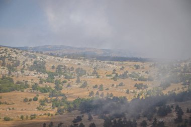 Sisin içindeki Ai-petri dağı. Yüksek dağ. Kırım dağları. Alçak bulutlar. Güzel dağ manzarası. Kırım 'ın en yüksek noktalarından biri olan kısmen bulutlar, sis ve bulutlarla kaplı ünlü Al Petri dağı görkemli ve güzeldir..