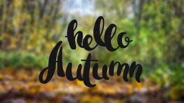 Banner merhaba sonbahar. Yeni ay. Tebrik kartı. Altın sonbahar. Parkta sonbahar. Fotoğraftaki metin. Sonbahar parkında ağaçlar.