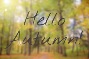 Banner merhaba sonbahar. Yeni ay. Tebrik kartı. Altın sonbahar. Parkta sonbahar. Fotoğraftaki metin. Sonbahar parkında ağaçlar.