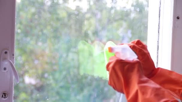 Kobieta Żółtej Rękawiczce Mycie Okna — Wideo stockowe