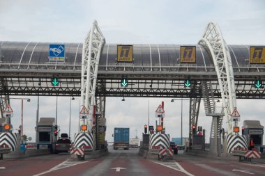 Russia, Moscow - July 23, 2019: Toll road payment point at Russian highway clipart