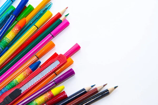 Kleur Schoolbenodigdheden Geïsoleerd Witte Achtergrond Terug Naar School Concept — Stockfoto