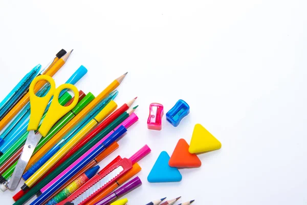 Kleur Schoolbenodigdheden Geïsoleerd Witte Achtergrond Terug Naar School Concept — Stockfoto
