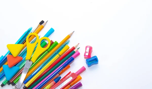 Kleur Schoolbenodigdheden Geïsoleerd Witte Achtergrond Terug Naar School Concept — Stockfoto