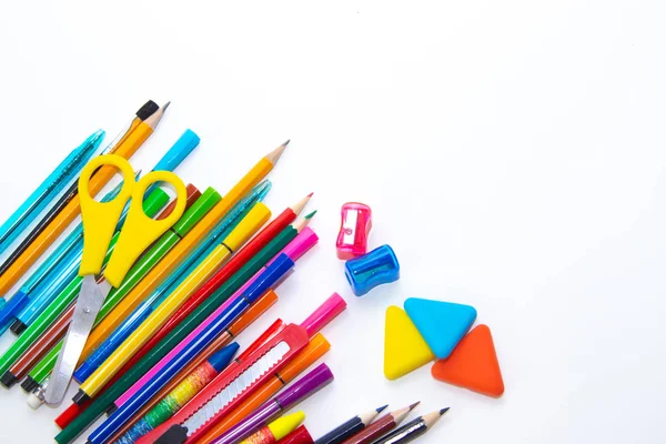 Kleur Schoolbenodigdheden Geïsoleerd Witte Achtergrond Terug Naar School Concept — Stockfoto