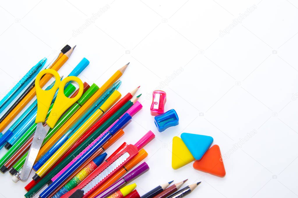 Color school supplies isolated on white background, back to school concept