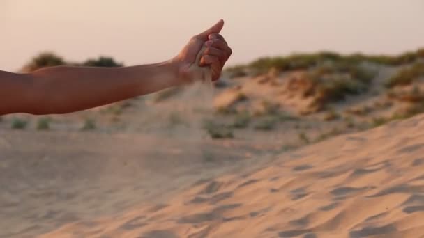 男孩在海滩用手倒沙子 — 图库视频影像