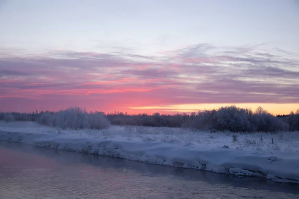 Amanecer Por Mañana Río Invierno Heladas — Foto de Stock