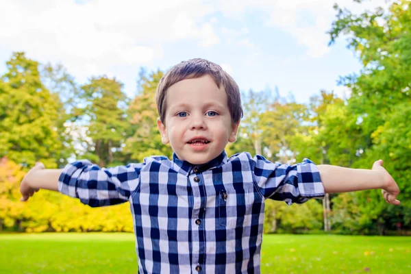 Portrait Little Boy Shirt Walking Park — Stock Photo, Image