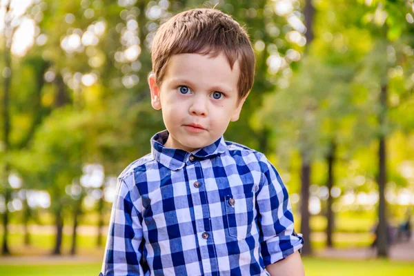 Porträt Eines Kleinen Jungen Hemd Beim Spazierengehen Park — Stockfoto