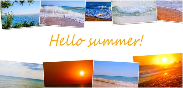 Hello summer collage. Hello summer banner. New season. Vacation A series of marine photos. Different beaches. Sea waves. An article about summer vacation. An article about the opening of resorts.