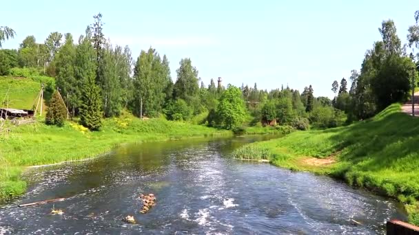 Vatten rinner i floden. Sommarlandskap. Vackert ryskt landskap. Sommarmålning. Vatten i floder. Ovanifrån av floden.Ryssland, ryskt landskap — Stockvideo