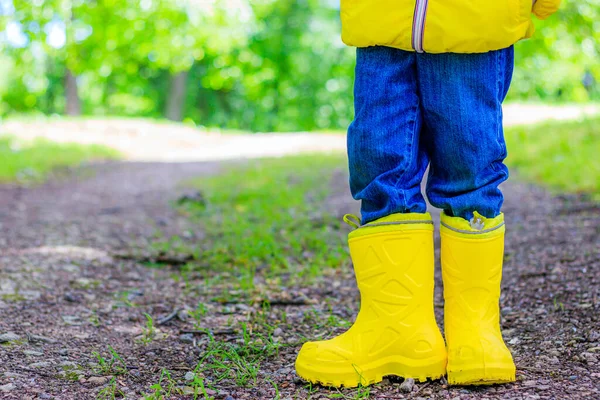 Botas Borracha Amarelas Nos Pés Criança Sapatos Para Tempo Húmido — Fotografia de Stock