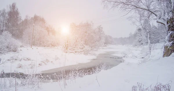 Winterliche Schneelandschaft Mit Einem Fluss Russischer Winter Winter Landschaft Mit — Stockfoto
