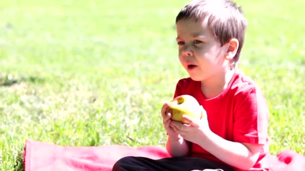 Un garçon mange une pomme dans la rue. Snack sur une promenade pour un enfant. De la nourriture pour bébé. Collation saine. — Video